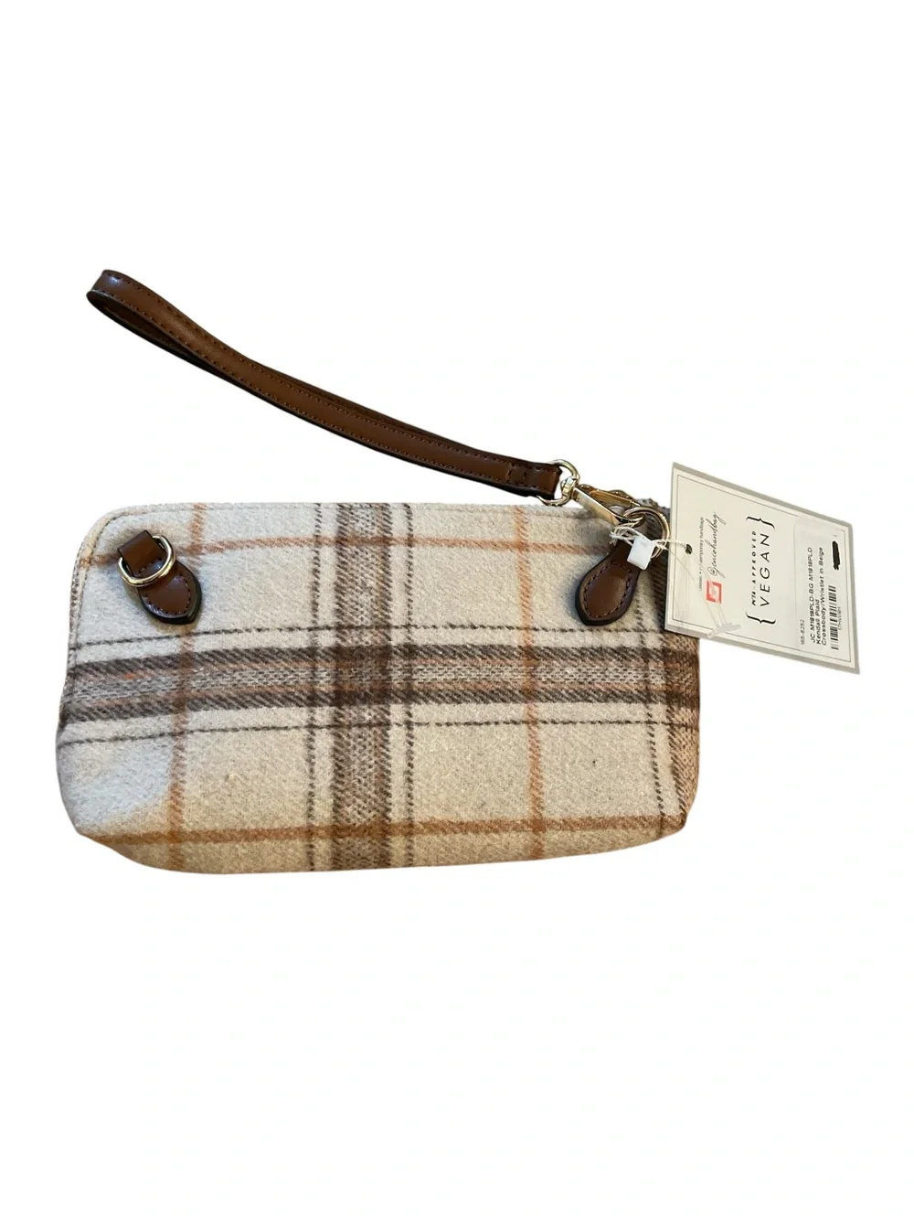 NWT Jen & Co Plaid Wristlet Clutch Crossbody Bag Vegan Neutral Brown Beige